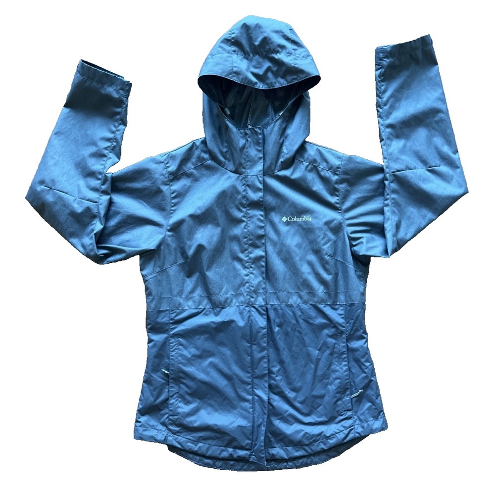 Columbia Hooded Lite Wind Rain Jacket Packable Abbotsville Blue Womens S NEW